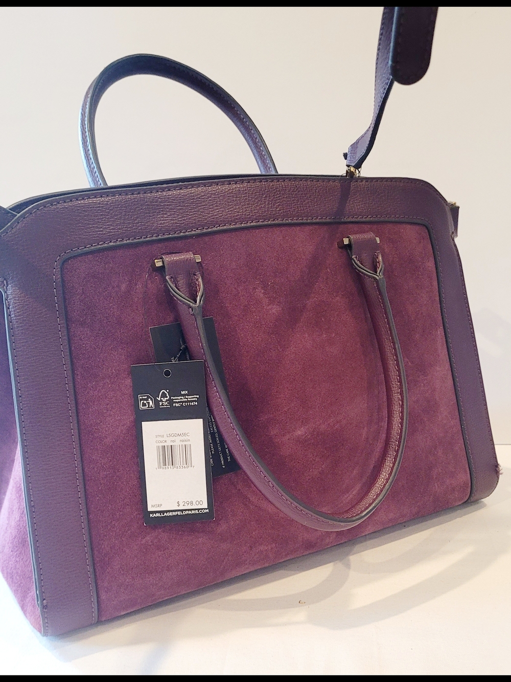 Karl Lagerfeld Plum Suede and Leather Shoulder Satchel - Picture 4 of 8
